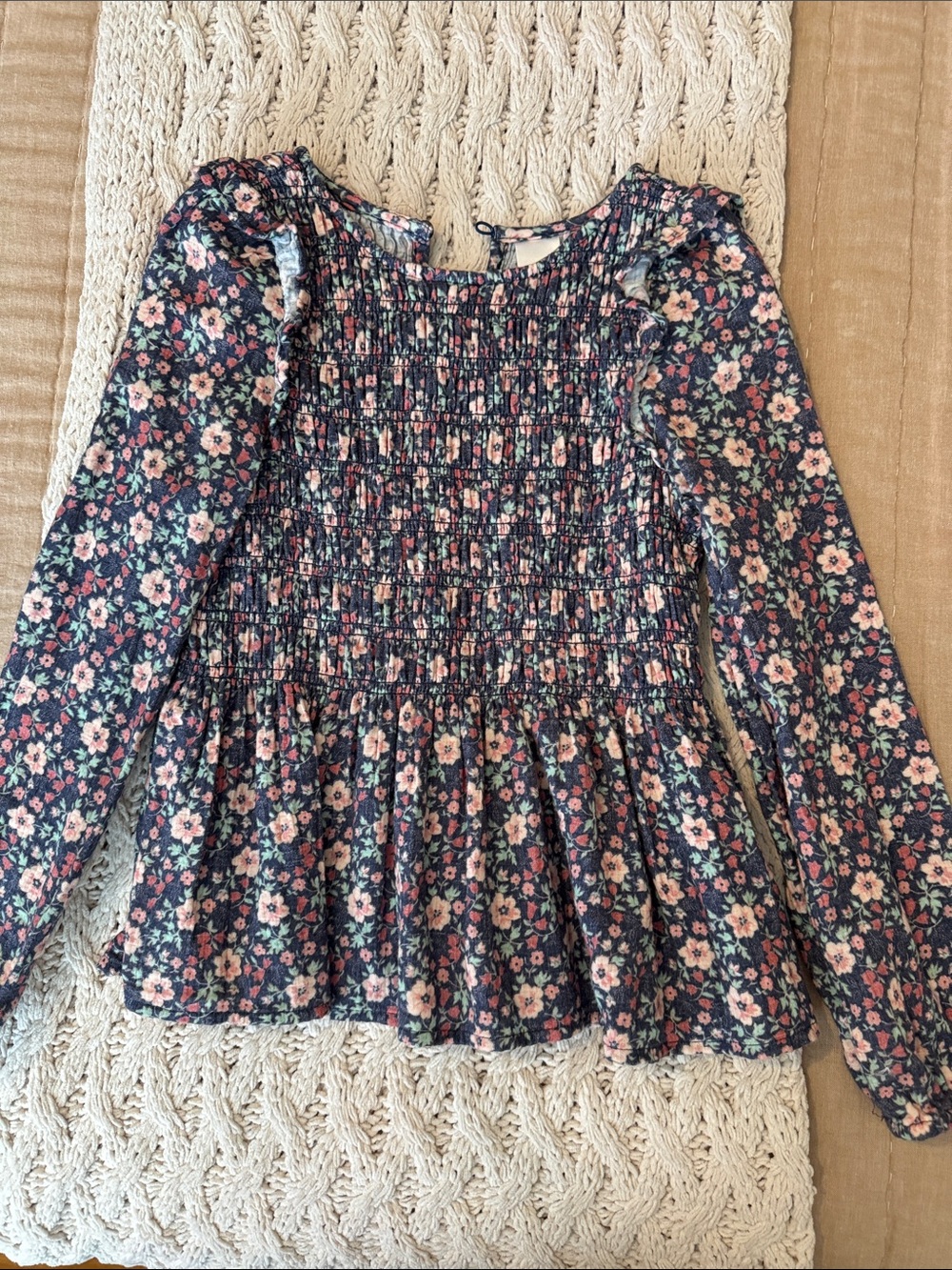 Nordstrom Navy Floral Smocked Long-Sleeve Peplum Top